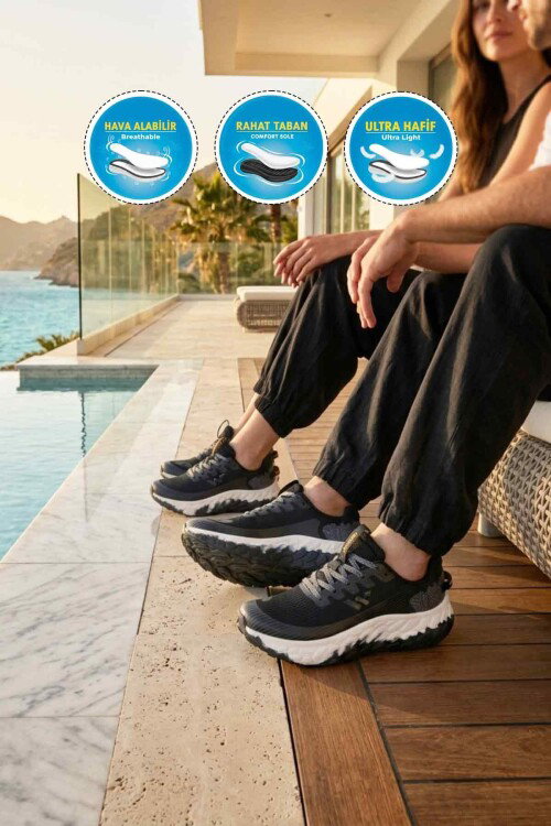 Siyah Beyaz Fileli Hafif Esnek Hafızalı Taban Unisex Spor Ayakkabı Flystep G