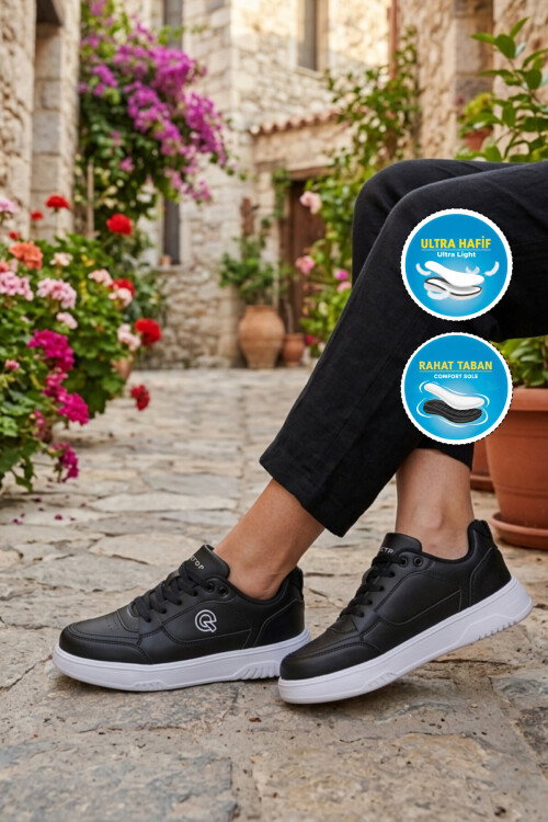 Siyah Beyaz Bağcıklı Hafif Esnek Unisex Günlük Ayakkabı BST-2081 G
