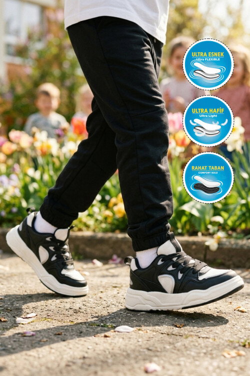 Siyah Beyaz Fileli Hafif Esnek Unisex Çocuk Spor Ayakkabı Jacop F