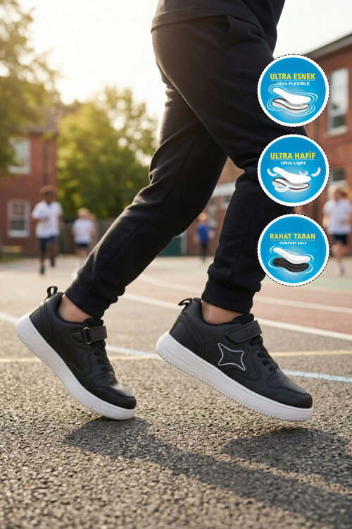 Siyah Cırtlı Hafif Unisex Çocuk Spor Ayakkabı Eldon P