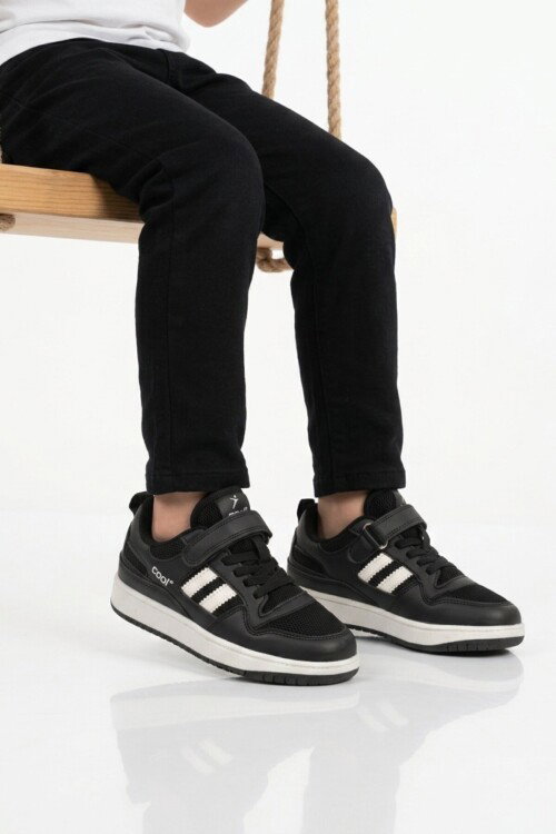 Siyah Fileli Hafif Cırtlı Unisex Çocuk Spor Ayakkabı Stella F