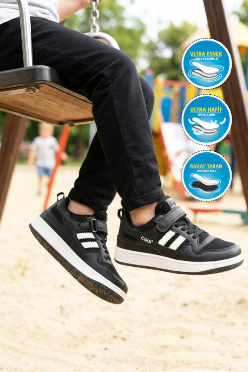Siyah Fileli Hafif Cırtlı Unisex Çocuk Spor Ayakkabı Stella F