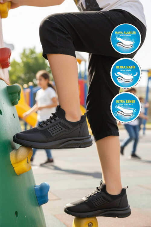 Siyah Füme Fileli Hafif Esnek Unisex Çocuk Spor Ayakkabı 9060 Motano F