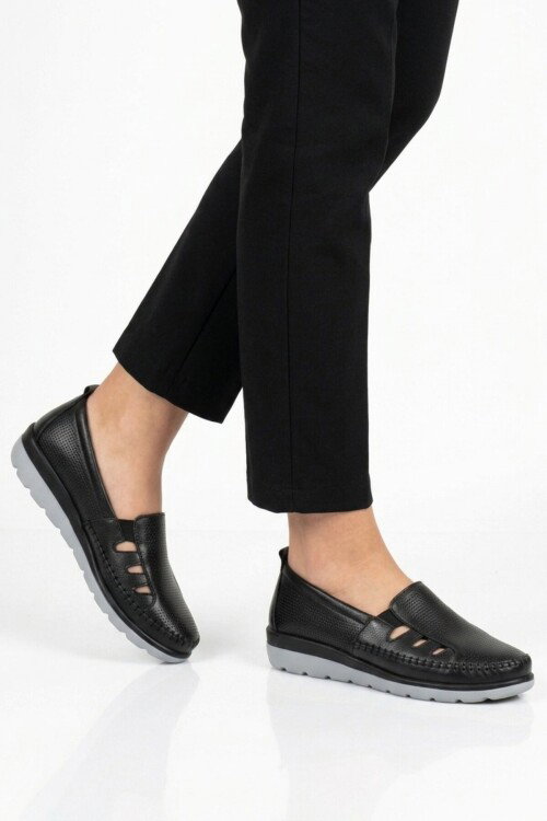 Siyah Hakiki Deri Anatomik Kadın Casual Ayakkabı Z110 Z