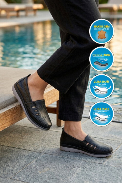 Siyah Hakiki Deri Anatomik Kadın Casual Ayakkabı Z110 Z