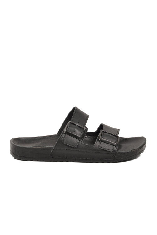 Siyah Hakiki Deri Çift Bantlı Yumuşak Taban Erkek Terlik 8422 M