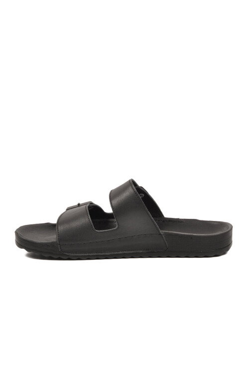 Siyah Hakiki Deri Çift Bantlı Yumuşak Taban Erkek Terlik 8422 M