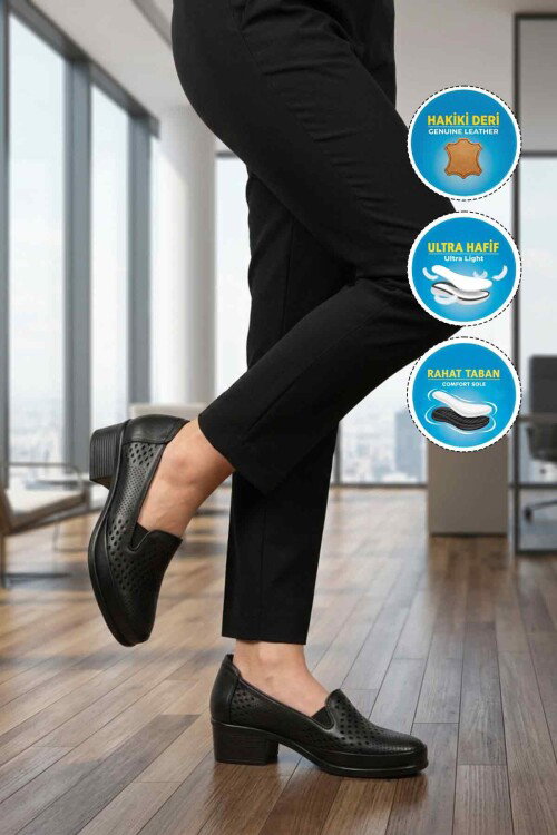 Siyah Hakiki Deri Kadın Topuklu Klasik Ayakkabı 16274 Z