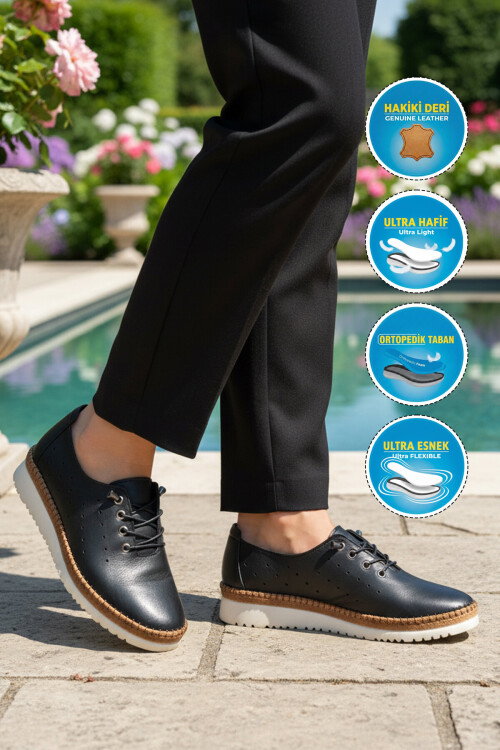 Siyah Hakiki Deri Ortopedik Kadın Casual Ayakkabı 508 Z