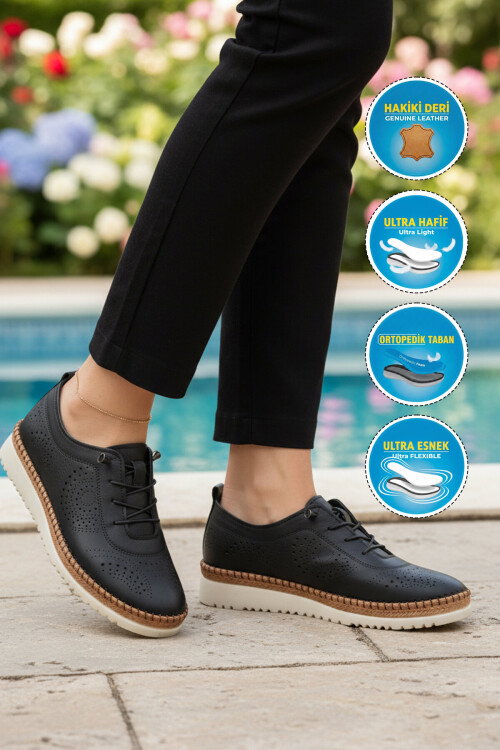 Siyah Hakiki Deri Ortopedik Kadın Casual Ayakkabı 509 Z