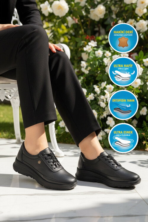 Siyah Hakiki Deri Ortopedik Kadın Casual Ayakkabı 690 Z