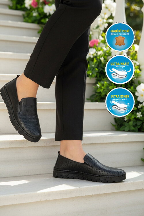 Premium Siyah Hakiki Deri Kadın Casual Ayakkabı 44410 Z