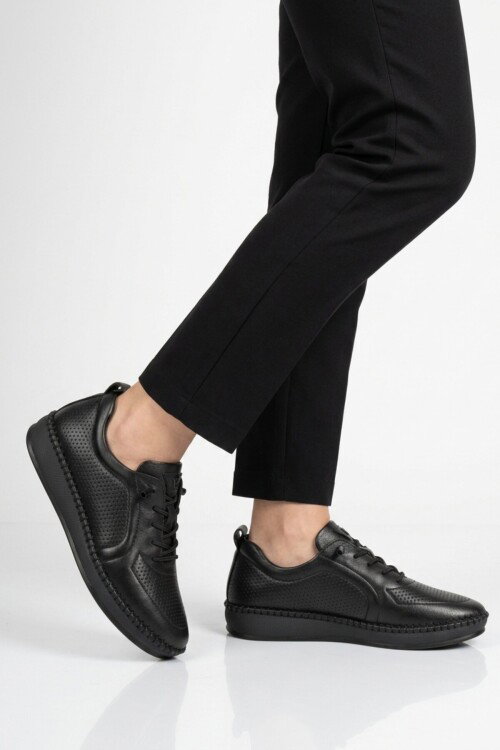 Siyah Hakiki Deri Anatomik Kadın Casual Ayakkabı Z094 Z