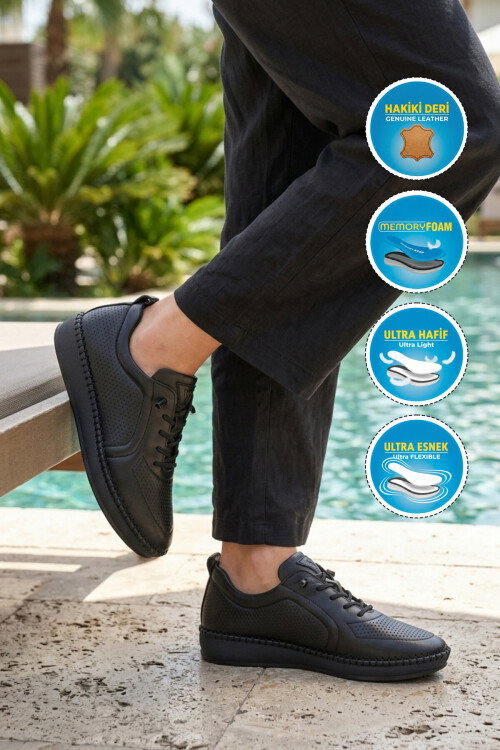 Siyah Hakiki Deri Anatomik Kadın Casual Ayakkabı Z094 Z