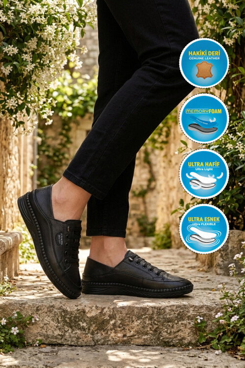 Siyah Hakiki Deri Anatomik Kadın Casual Ayakkabı Z536 Z