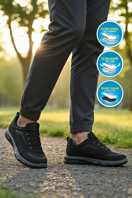 Siyah Fileli Hafif Esnek Hava Alabilen Erkek Spor Ayakkabı Elvara M