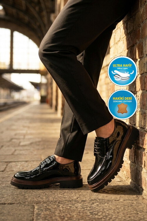 Siyah Rugan Hakiki Deri Erkek Casual Ayakkabı 2234 M