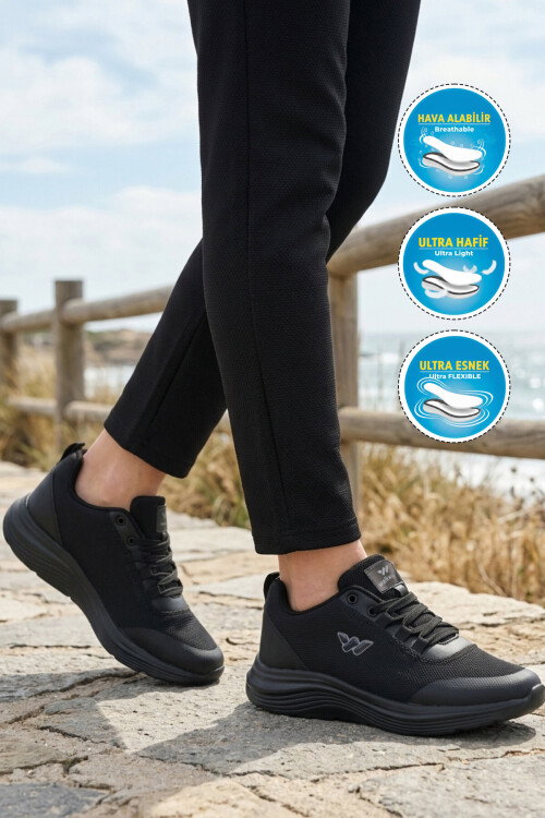 Siyah Fileli Hafif Esnek Hava Alabilen Unisex Spor Ayakkabı Pete G