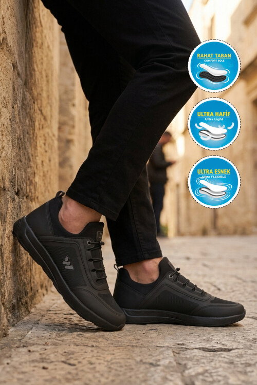 Siyah Hafif Esnek Kilit Bağcıklı Erkek Spor Ayakkabı Bertina M