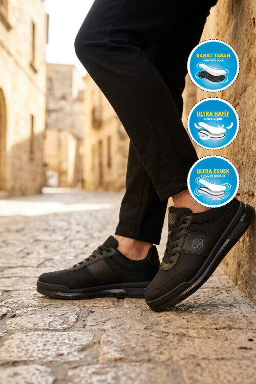 Siyah-Siyah Fileli Hafif Esnek Erkek Spor Ayakkabı BST-2088 M