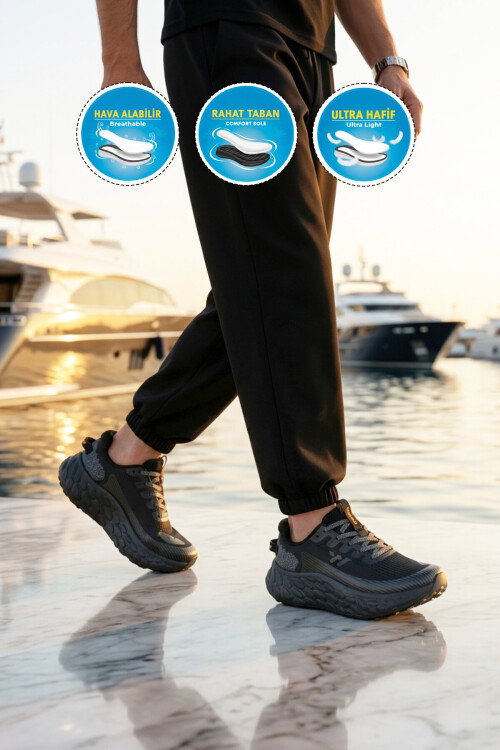 Siyah Fileli Hafif Esnek Hafızalı Taban Unisex Spor Ayakkabı Flystep G