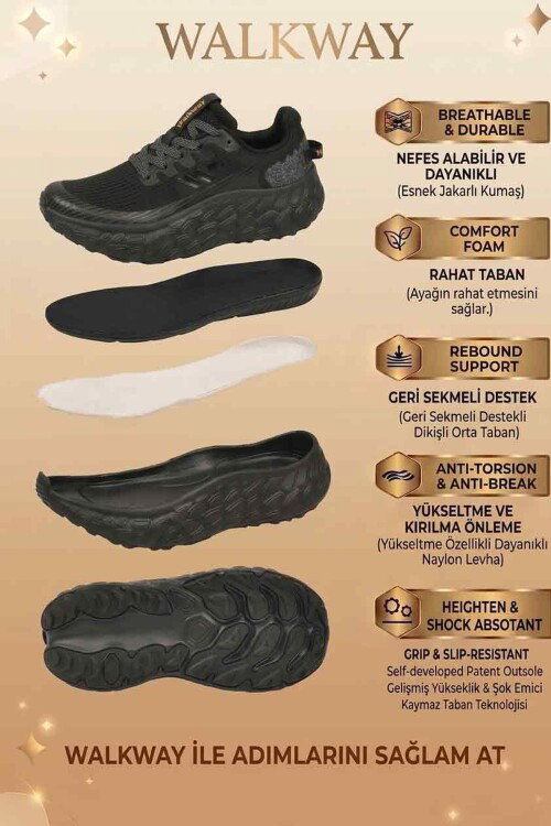 Siyah Fileli Hafif Esnek Hafızalı Taban Unisex Spor Ayakkabı Flystep G