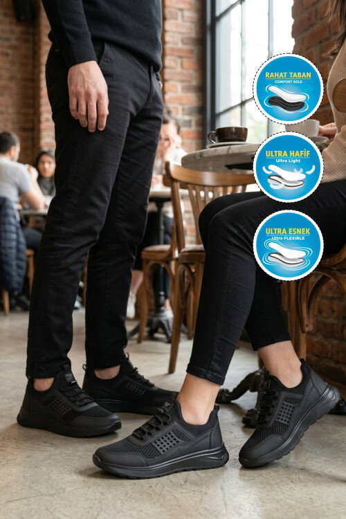 Siyah Fileli Hafif Esnek Kilit Bağcıklı Unisex Spor Ayakkabı Motano G