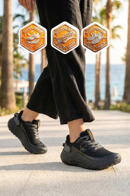 Siyah Fileli Hafif Esnek Hafızalı Taban Unisex Spor Ayakkabı Flystep G