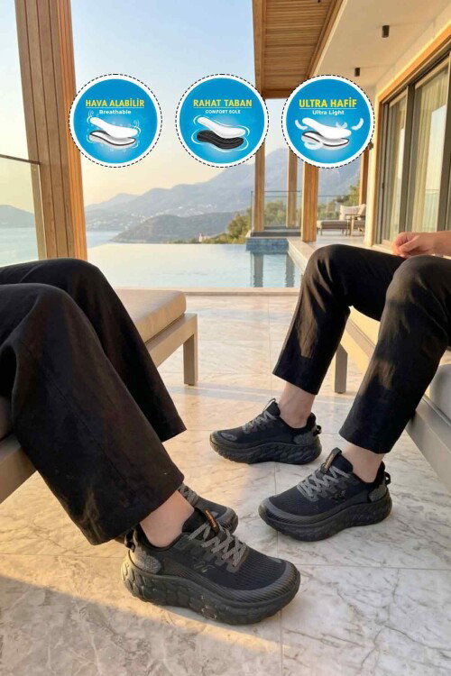 Siyah Fileli Hafif Esnek Hafızalı Taban Unisex Spor Ayakkabı Flystep G