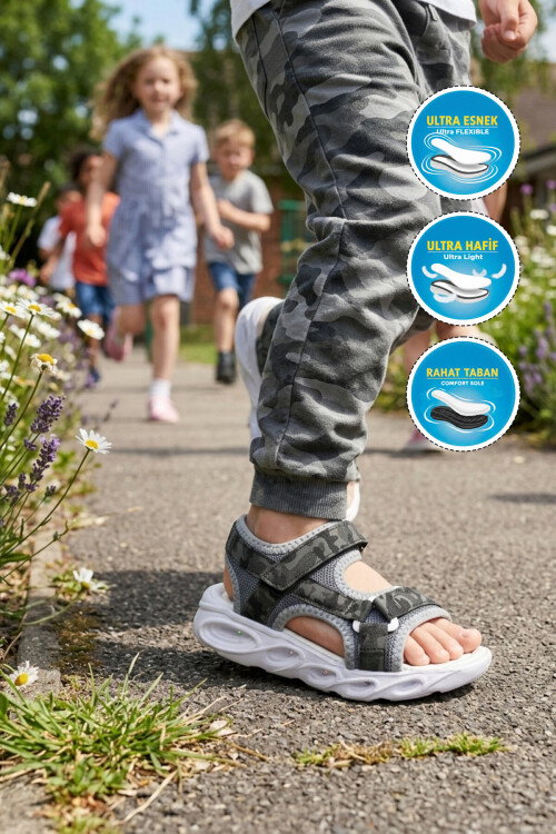 Siyah Cırtlı Işıklı Hafif Unisex Çocuk Sandalet Sage F