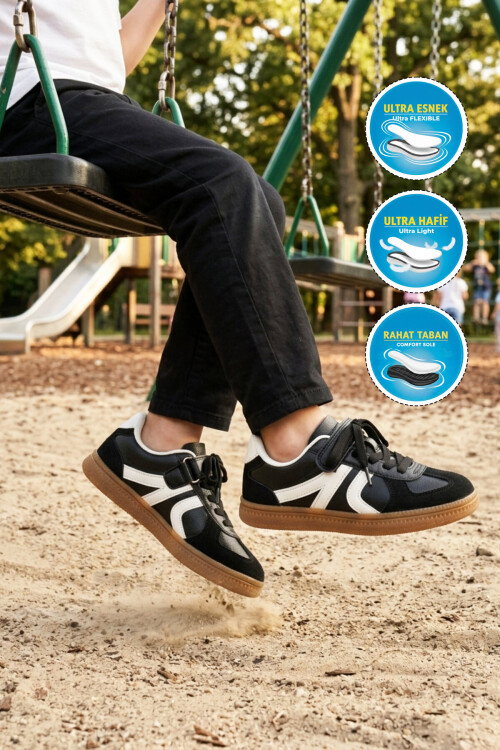 Siyah Cırtlı Bağcıklı Unisex Çocuk Spor Ayakkabı Berry F