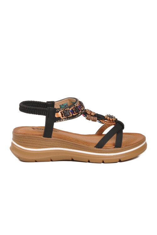 Siyah Hakiki Deri Taş İşlemeli Kadın Sandalet B481 Z