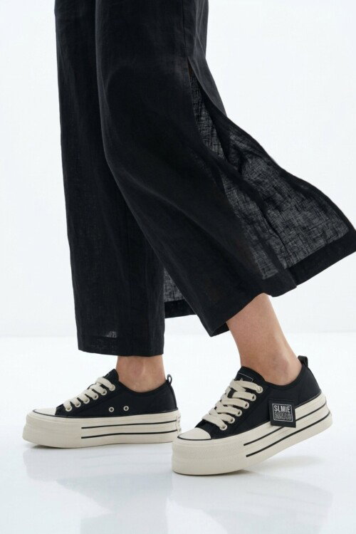 Siyah Keten Hafif Bağcıklı Kadın Casual Ayakkabı 2011 G