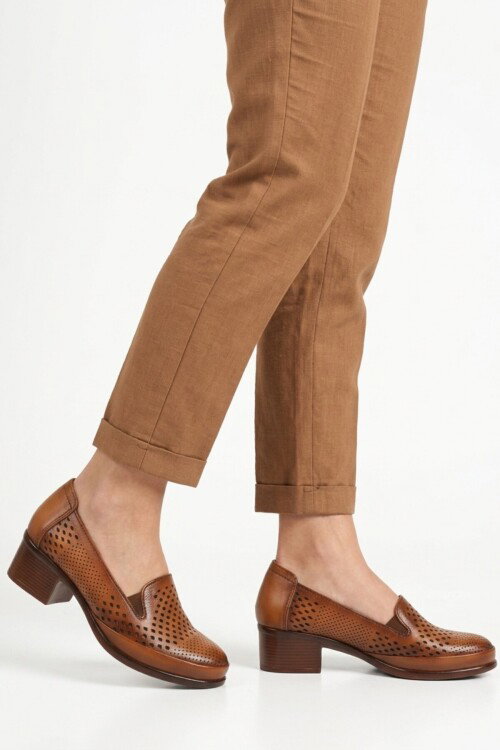 Taba Hakiki Deri Kadın Topuklu Klasik Ayakkabı 16274 Z