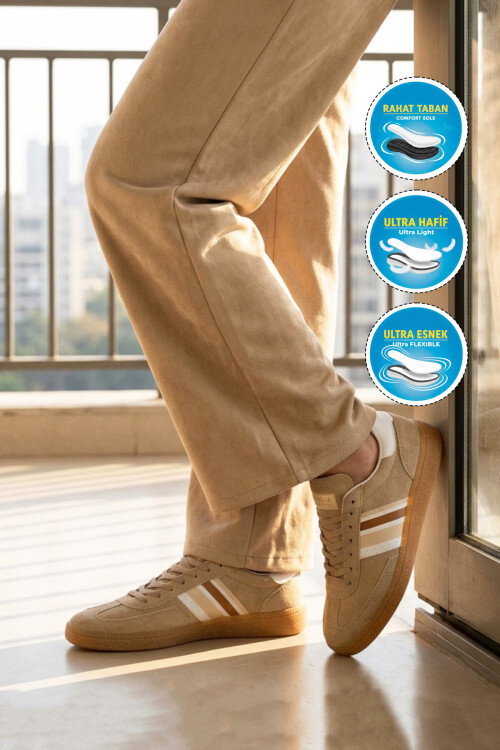 Bej Beyaz Bağcıklı Esnek Unisex Spor Ayakkabı 015 G