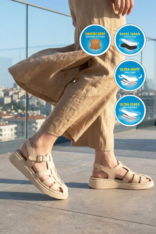 Bej Hafif Hakiki Deri Yumuşak Tabanlı Kadın Sandalet 12500 Z