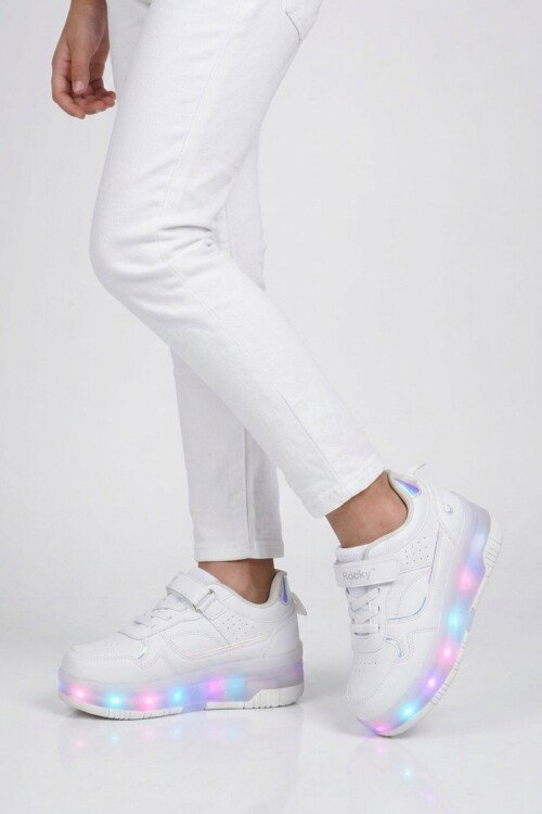 Beyaz Cırtlı Ortopedik Işıklı Unisex Çocuk Patenli Spor Ayakkabı Glow F