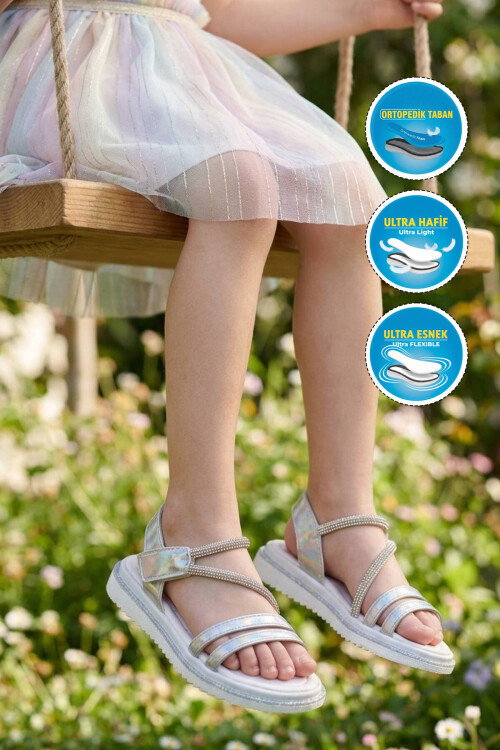 Gri Simli Cırtlı Hafif Ortopedik Kız Çocuk Sandalet 26A94 F