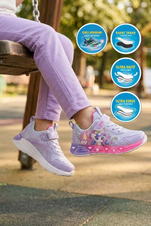 Lila Cırtlı Işıklı Hafif Esnek Kız Çocuk Spor Ayakkabı 26Y309 P