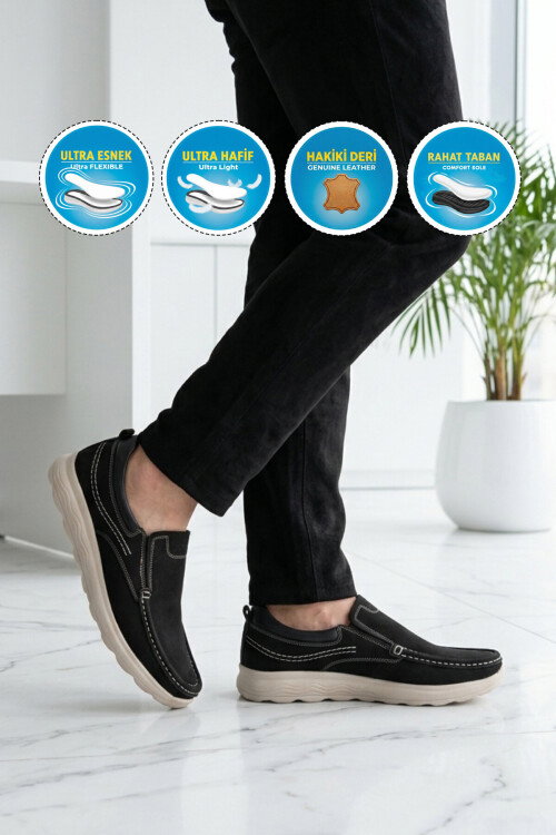 Premium Siyah Nubuk Hakiki Deri Anatomik Erkek Casual Ayakkabı 2406 M