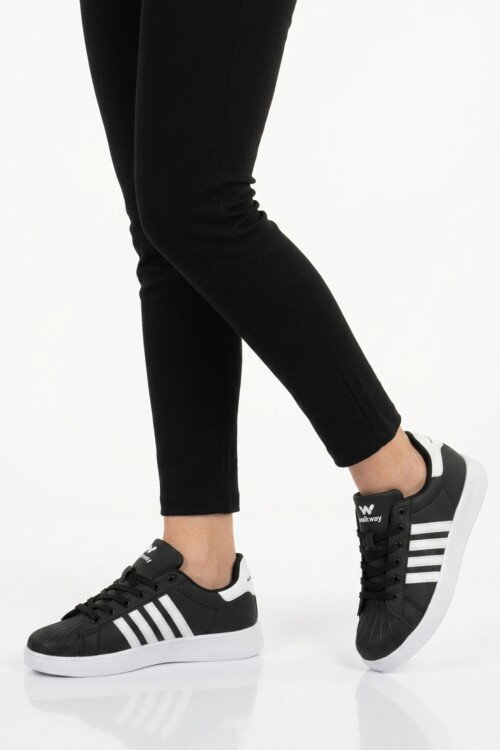 Siyah Beyaz Bağcıklı Cilt Hafif Unisex Spor Ayakkabı Senti G