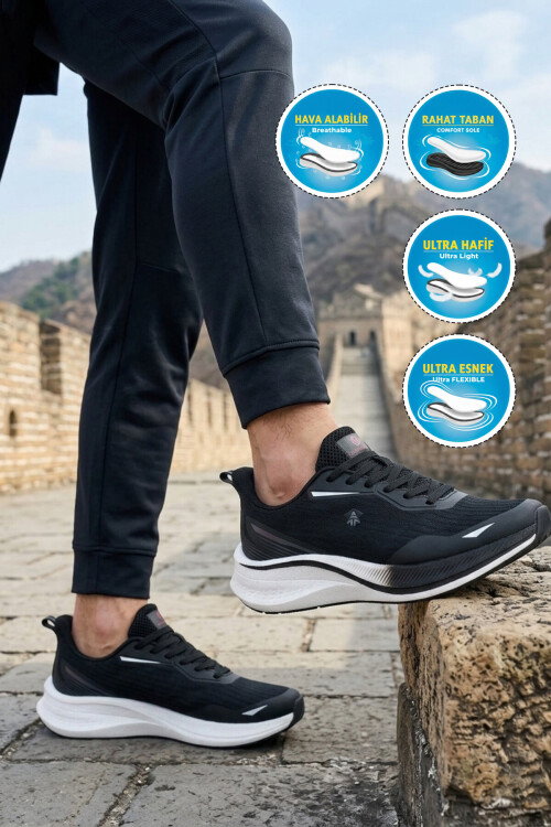 Siyah Beyaz Fileli Hafif Esnek Erkek Spor Ayakkabı Maures 101 25063 M