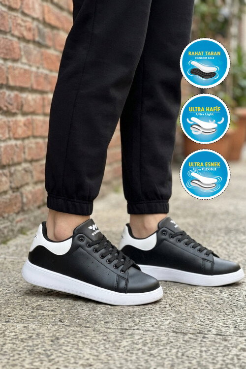 Siyah Beyaz Bağcıklı Hafif Unisex Cilt Spor Ayakkabı Costa G