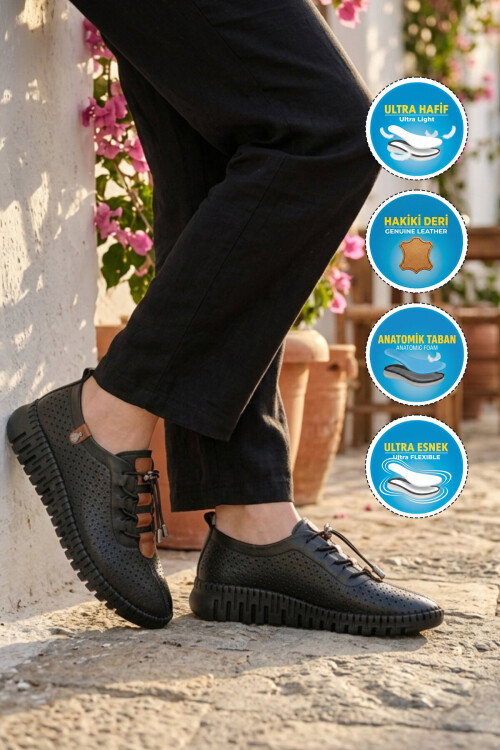 Siyah Hakiki Deri Anatomik Kadın Casual Ayakkabı Z833 Z