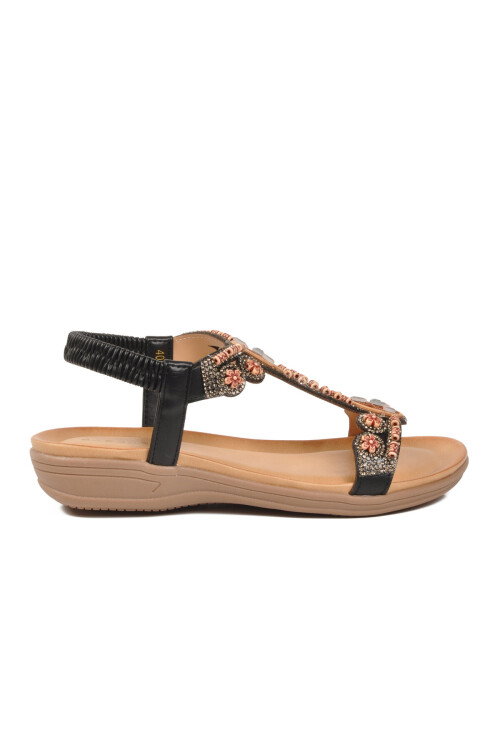 Siyah Desenli İşlemeli Yumuşak Tabanlı Kadın Sandalet 4053 Z