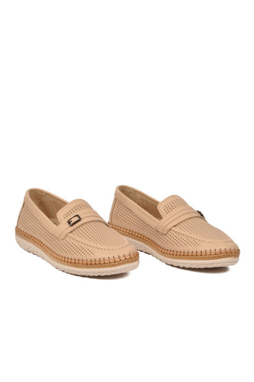Bej Geniş Kalıp Hakiki Deri Hafızalı Rahat Taban Kadın Casual Ayakkabı Loafer Z142 Z
