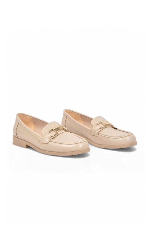 Tokalı Şık Rahat Loafer Ayakkabı Bej Parlak Kadın Klasik Casual Ayakkabı PC-56058