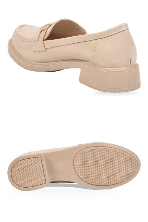 Bej Parlak Tokalı Şık Rahat Loafer Kadın Klasik Casual Ayakkabı PC-56064 