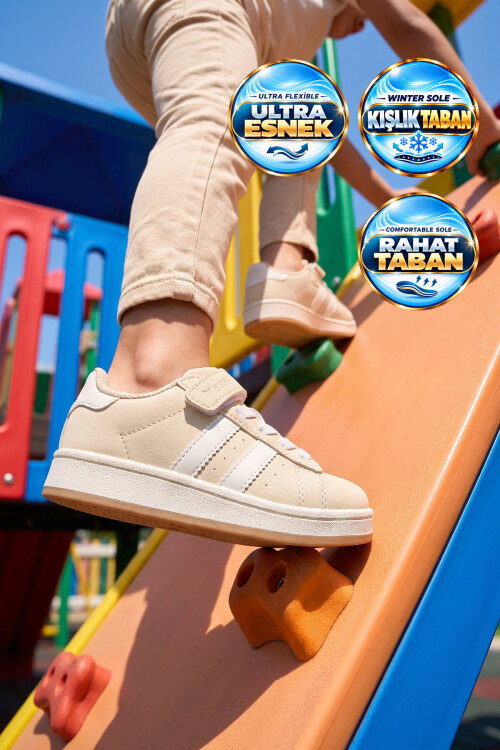 Bej Cırt Bantlı Unisex Çocuk Yürüyüş ve Spor Ayakkabı Sneaker Coop F
