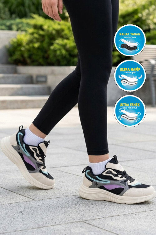 Bej-Siyah Fileli Bağcıklı Nefes Alan Rahat Tabanlı Unisex Yürüyüş ve Spor Ayakkabı 26106 G